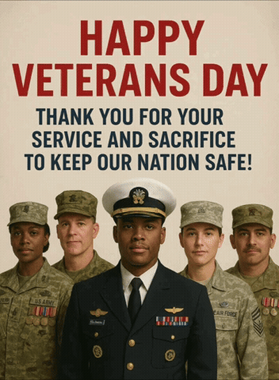 A Poster That Says Happy Veterans Day With A Group Of Soldiers GIF