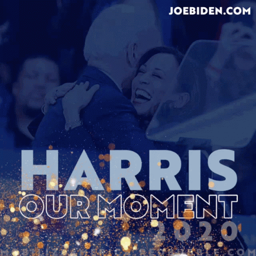 A Poster That Says Harris Our Moment With A Picture Of A Man And Woman Hugging GIF