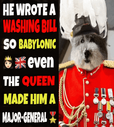 A Poster That Says He Wrote A Washing Bill So Babylonic Even The Queen Made Him A Major-General GIF