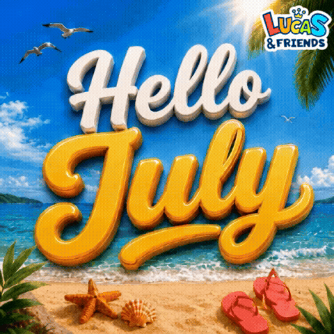 A Poster That Says Hello July With A Beach Scene GIF
