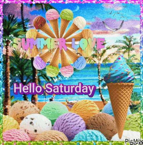 A Poster That Says Hello Saturday With Ice Cream Cones GIF