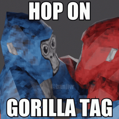A Poster That Says Hop On Gorilla Tag With A Blue Gorilla And A Red Gorilla GIF