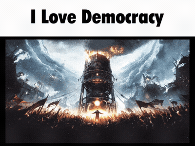 A Poster That Says I Love Democracy With A Picture Of A Man GIF