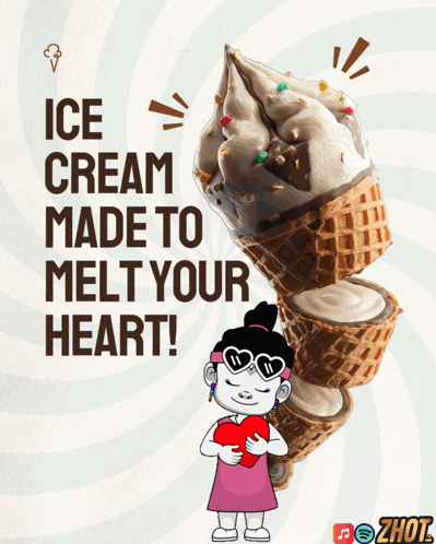 A Poster That Says Ice Cream Made To Melt Your Heart With A Girl Holding A Heart GIF