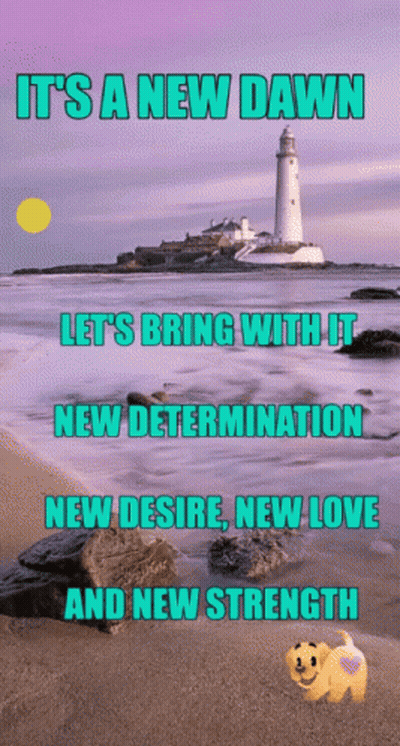 A Poster That Says It 'S A New Dawn With A Lighthouse In The Background GIF