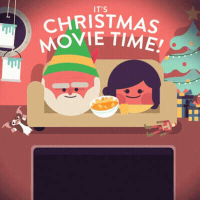A Poster That Says It 'S Christmas Movie Time Shows A Man And A Woman Sitting On A Couch GIF