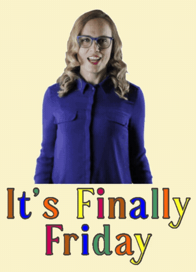 A Poster That Says It 'S Finally Friday With A Woman Wearing Glasses GIF