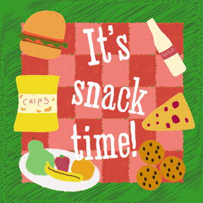 A Poster That Says " It 'S Snack Time " On It GIF