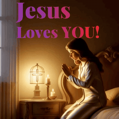 A Poster That Says Jesus Loves You With A Girl Praying On A Bed GIF