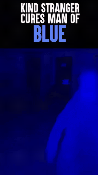 A Poster That Says " Kind Stranger Cures Man Of Blue " On It GIF