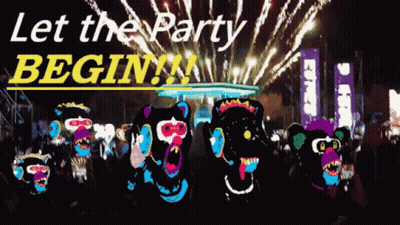 A Poster That Says Let The Party Begin With A Fireworks Display In The Background GIF
