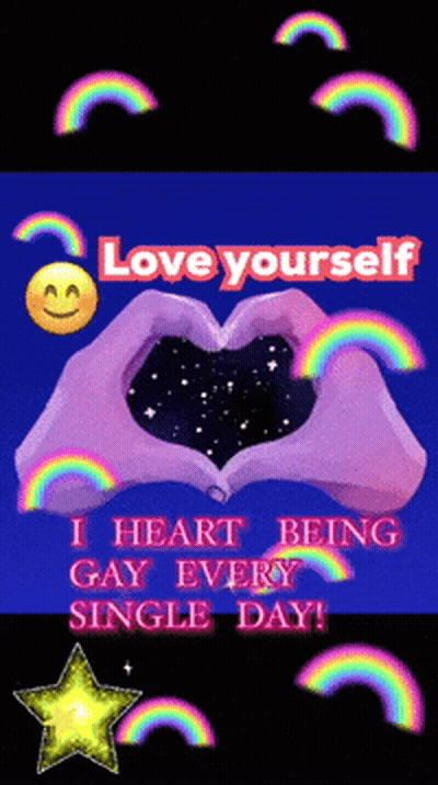 A Poster That Says Love Yourself With A Heart Made Out Of Hands And Rainbows GIF