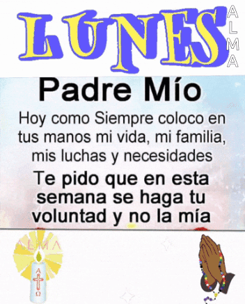 A Poster That Says Lunes Padre Mio With A Candle And Praying Hands GIF