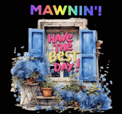 A Poster That Says Mawnin ' And Has A Window With Blue Shutters GIF