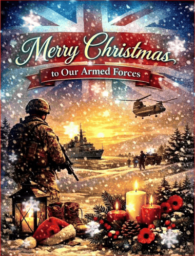 A Poster That Says Merry Christmas To Our Armed Forces On It GIF