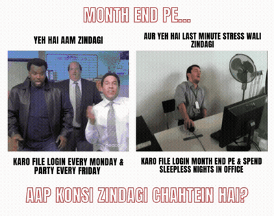 A Poster That Says Month End Pe Yeh Hai Aam Zindagi And Aur Yeh Hai Last Minute Stress Wall GIF