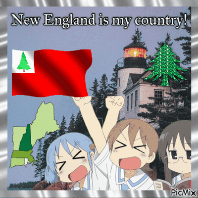 A Poster That Says New England Is My Country With Three Girls Holding Up A Flag GIF