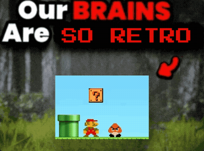 A Poster That Says " Our Brains Are So Retro " With A Picture Of Mario And Goomba GIF