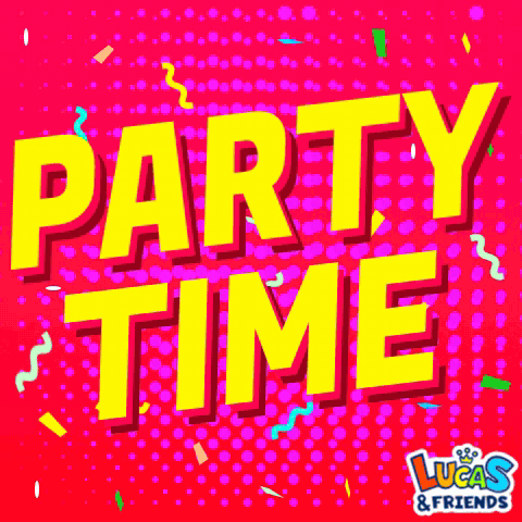 A Poster That Says Party Time With Confetti On It GIF