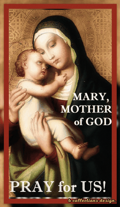 A Poster That Says Pray For Us With A Picture Of Mary Holding A Baby GIF