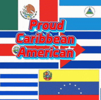A Poster That Says Proud Caribbean American Surrounded By Flags GIF