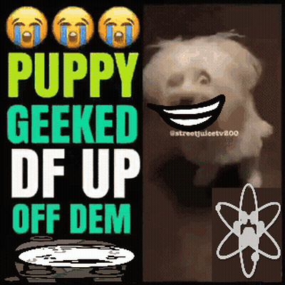 A Poster That Says Puppy Geeked Df Up Off Dem Next To A Picture Of A Dog GIF