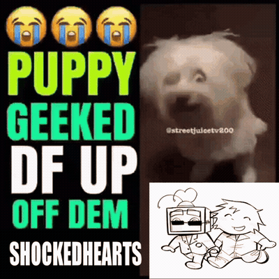 A Poster That Says Puppy Geeked Df Up Off Dem With A Picture Of A Dog GIF