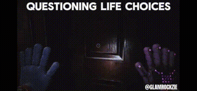 A Poster That Says Questioning Life Choices Is Displayed On A Black Background GIF