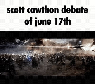 A Poster That Says Scott Cawthon Debate Of June 17Th In Black Letters GIF