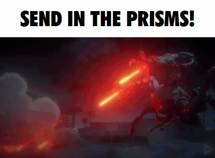 A Poster That Says Send In The Prisms With A Red Light Coming Out Of It GIF