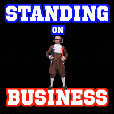 A Poster That Says Standing On Business With A Man In A Brown Suit GIF