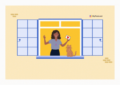 A Poster That Says " Stay Safe - Stay Home " With A Woman Holding An Envelope And A Cat GIF