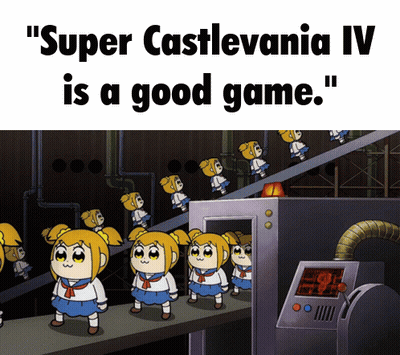 A Poster That Says " Super Castlevania Iv Is A Good Game " With Cartoon Characters On A Conveyor Belt GIF