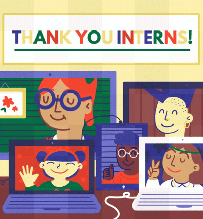 A Poster That Says Thank You Interns With A Group Of People On A Video Call GIF