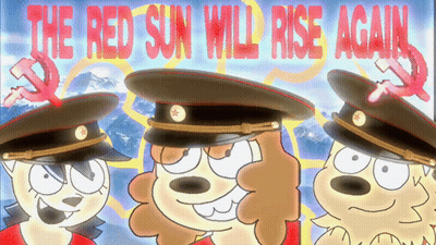 A Poster That Says The Red Sun Will Rise Again With Three Cartoon Characters GIF