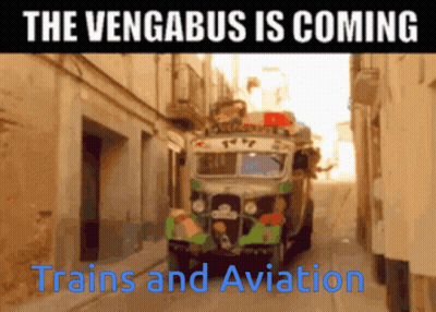 A Poster That Says The Vengebus Is Coming Trains And Aviation On It GIF