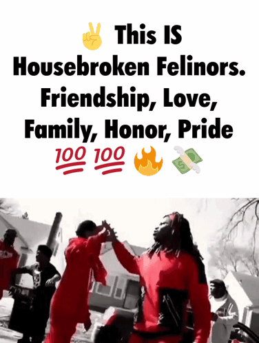 A Poster That Says " This Is Housebroken Felinos Friendship Love Family Honor Pride 100 100 " GIF