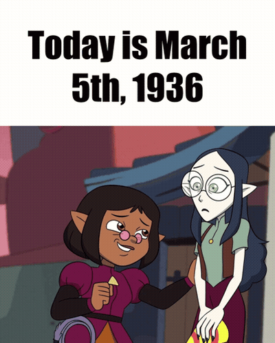 A Poster That Says Today Is March 5Th 1936 With Two Cartoon Characters GIF