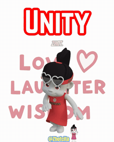 A Poster That Says Unity Love Laughter Wisdom With A Cartoon Girl GIF