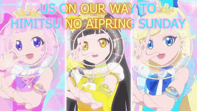 A Poster That Says ' Us On Our Way To Himitsu No Aiprin Sunday ' GIF