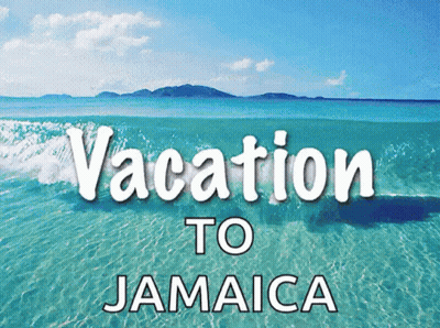A Poster That Says Vacation To Jamaica With A Beach In The Background GIF