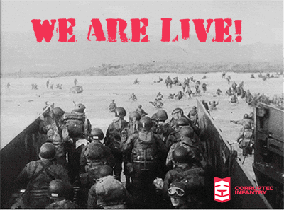 A Poster That Says We Are Live With A Picture Of Soldiers On The Beach GIF
