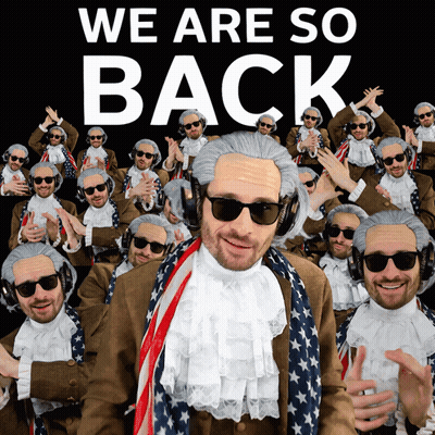 A Poster That Says We Are So Back With A Man Wearing A Wig GIF