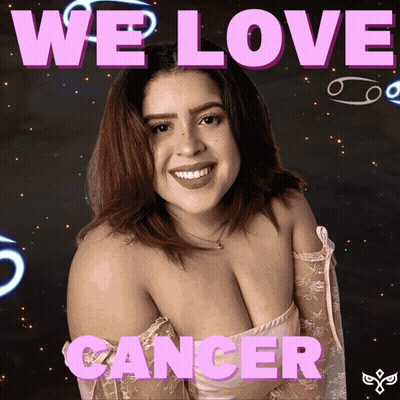 A Poster That Says We Love Cancer With A Woman Smiling GIF