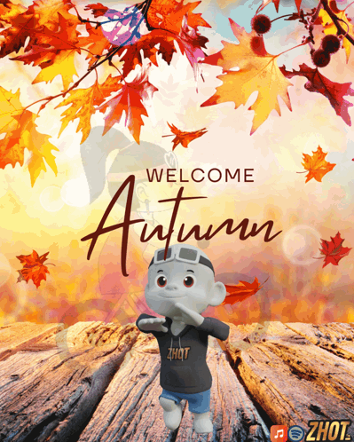 A Poster That Says Welcome Autumn With A Cartoon Character In The Foreground GIF