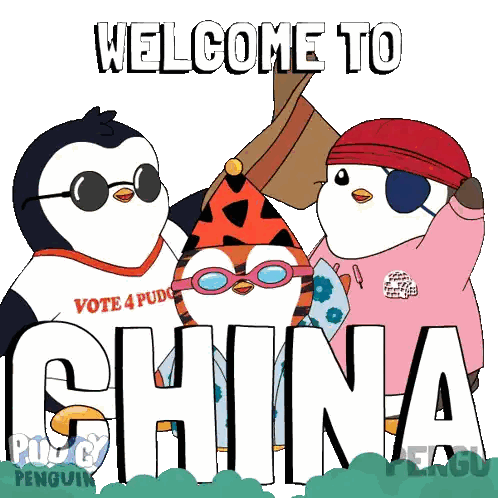 A Poster That Says Welcome To China With Penguins Sticker