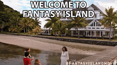 A Poster That Says Welcome To Fantasy Island On The Bottom GIF