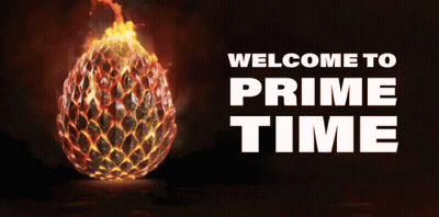 A Poster That Says Welcome To Prime Time With A Fireball In The Background GIF