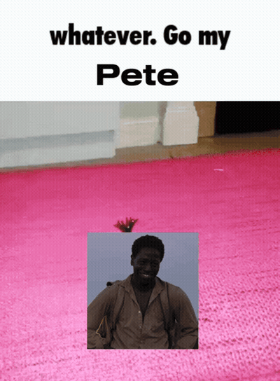 A Poster That Says Whatever Go My Pete With A Picture Of A Man On A Pink Rug GIF