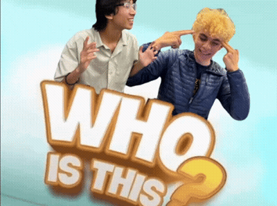 A Poster That Says Who Is This With Two People Pointing At Their Ears GIF